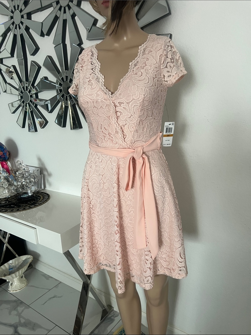 NWT(B Darlin Blush) Pink Lace Fit & Flare Dress with Waist Sash Size 3/4